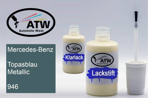 Mercedes-Benz, Topasblau Metallic, 946: 20ml Lackstift + 20ml Klarlack - Set, von ATW Autoteile West.